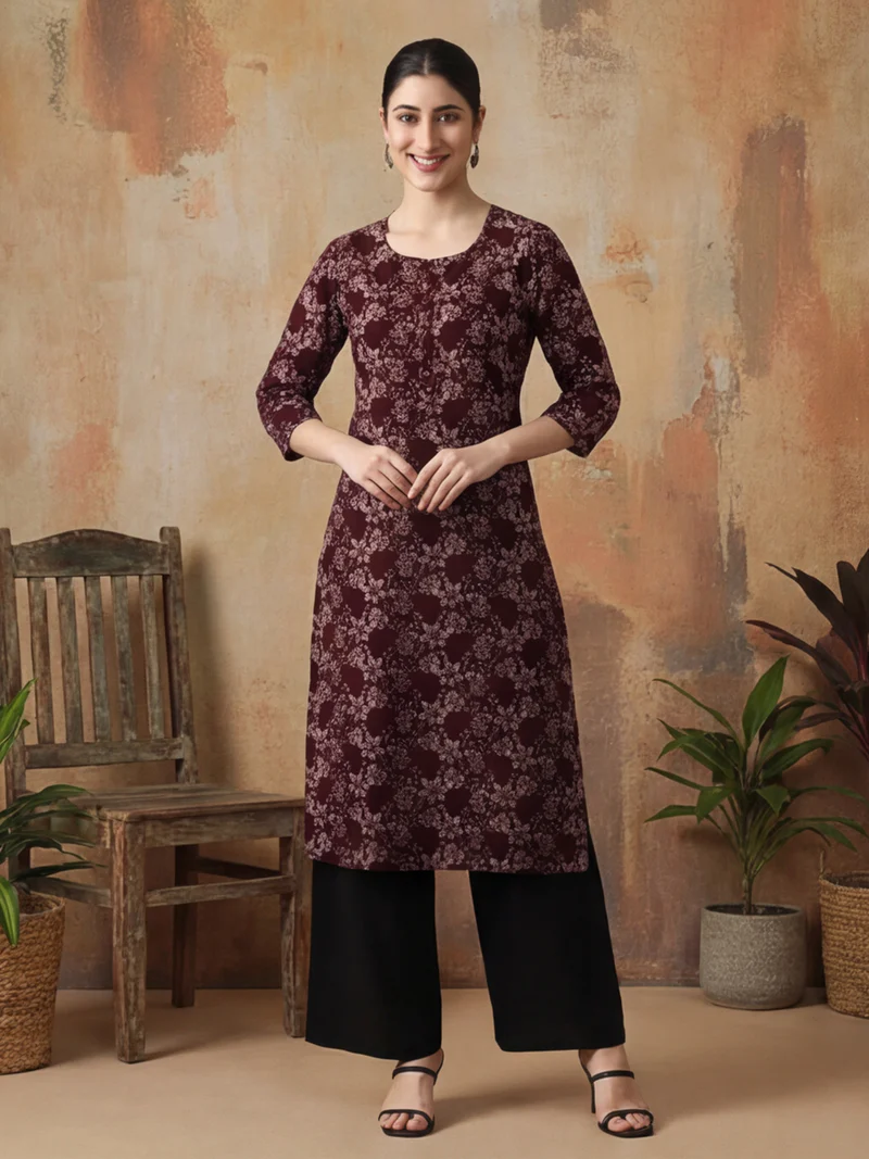 Maroon Floral Button-Down Kurti Set