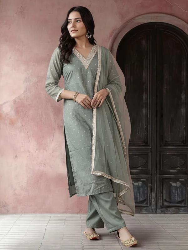 Olive Green Zari V-Neck Kurta Set