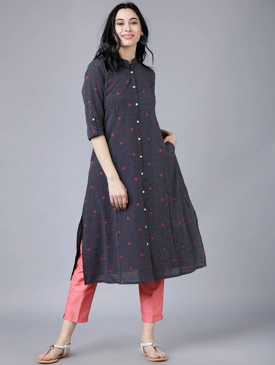 Charcoal Stripe Button-Down A-Line Kurti Set