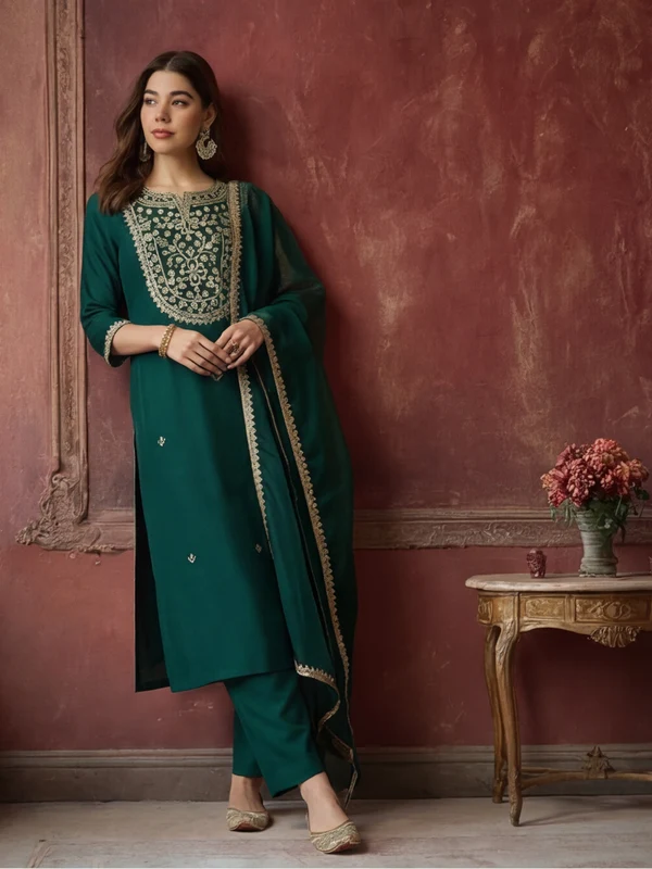 Rama Green Embroidered Yoke Kurta Set