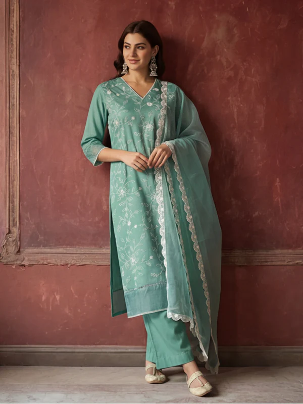 Mint Floral Lace-Trim Kurta Set