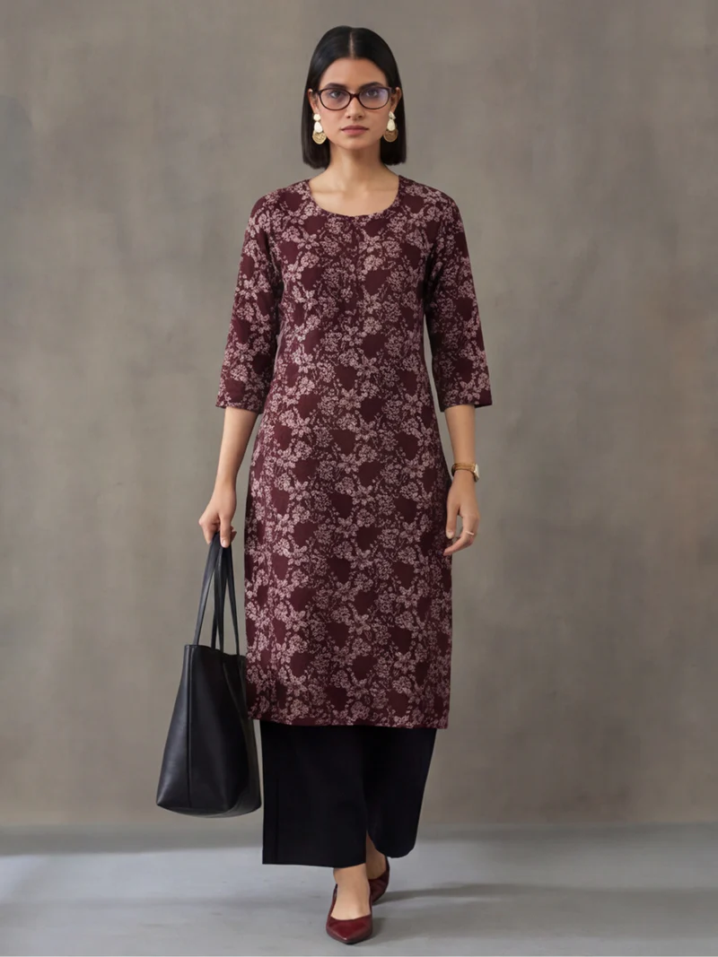 Maroon Floral Round-Neck Straight Kurti Set