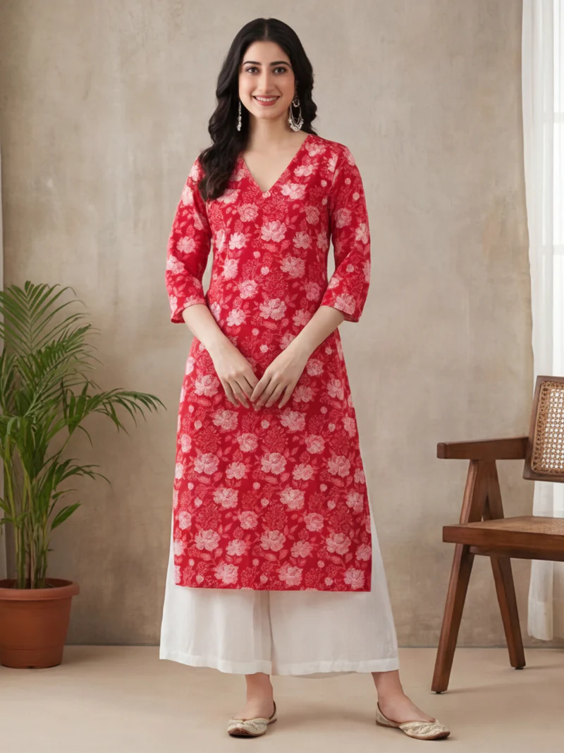 Scarlet Rose Print V-Neck Kurti Set