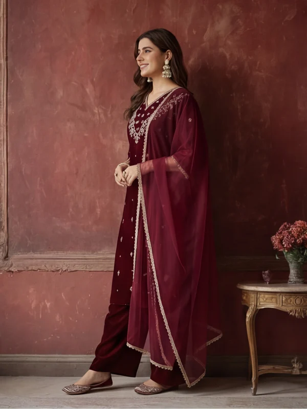 Maroon Velvet-Yoke Embroidered Kurta Set