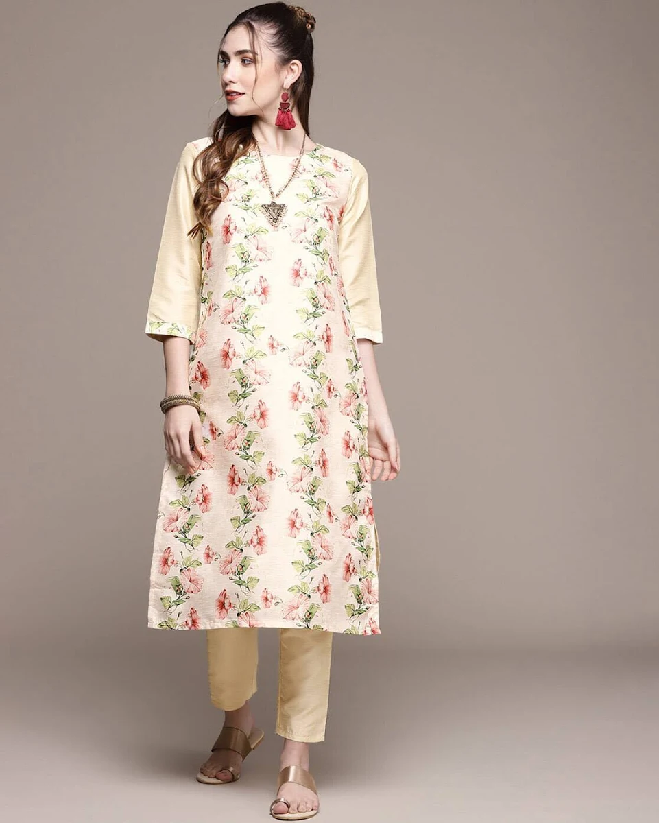 Ivory Hibiscus Print Kurta Pant Set