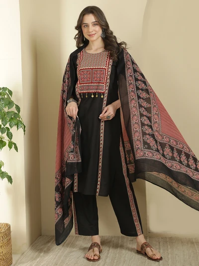 Black Ajrakh Kurta Pant Dupatta Set