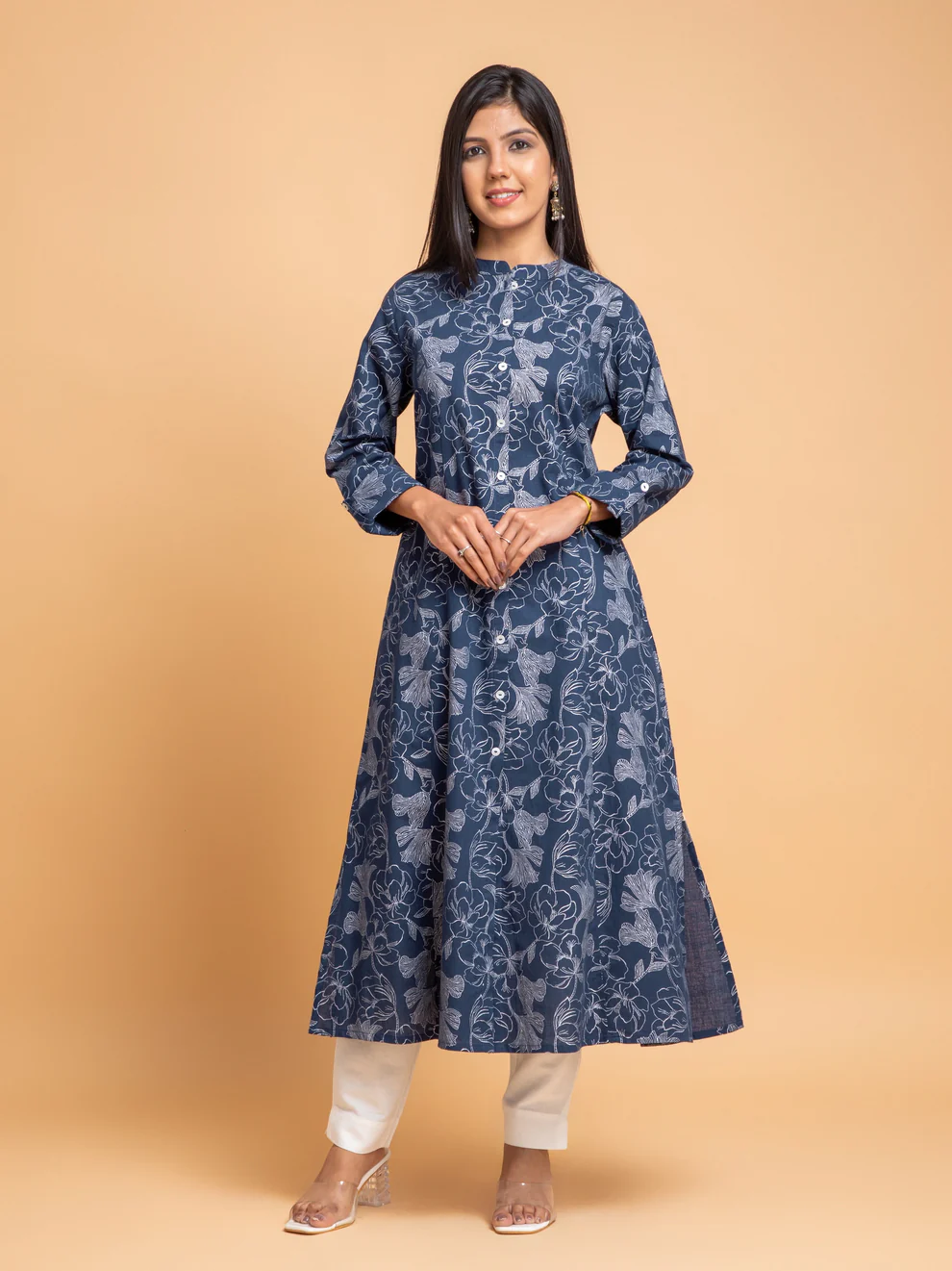 Indigo Magnolia Floral Print A-Line Kurti