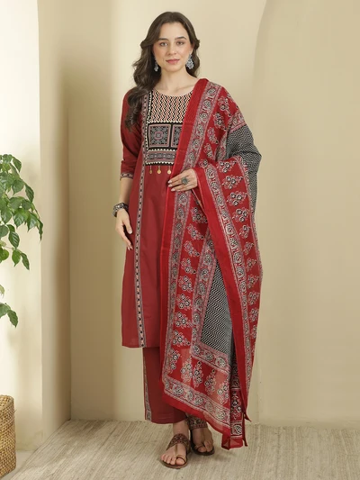 Maroon Ajrakh Kurta Pant Dupatta Set