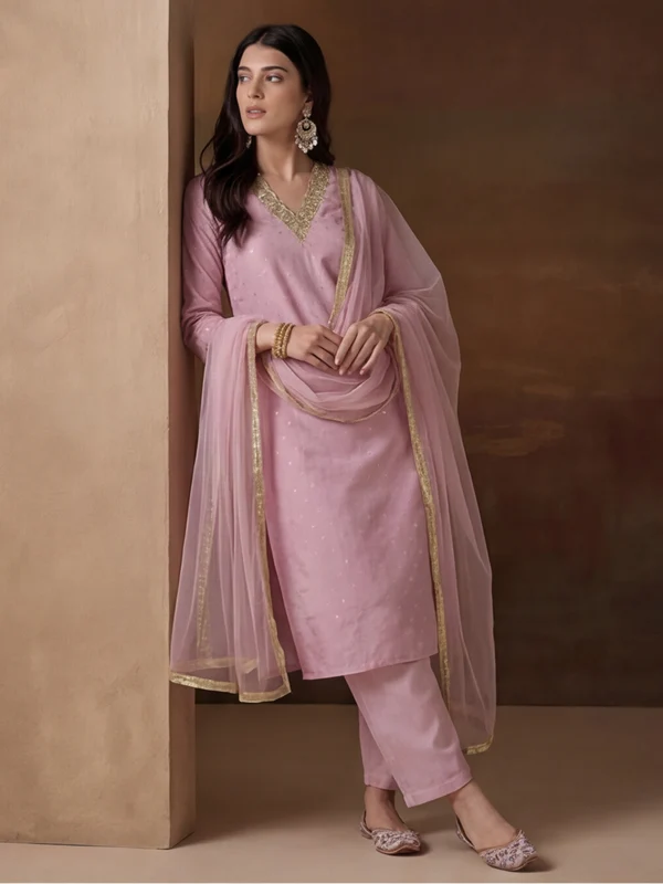 Blush Pink Zari V-Neck Kurta Set